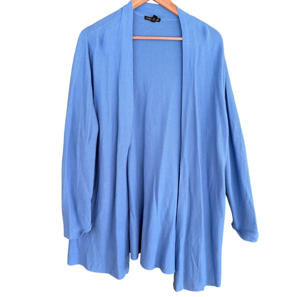 Eileen Fisher Open Front Cardigan M Blue Sweater Long Line Capsule Silk